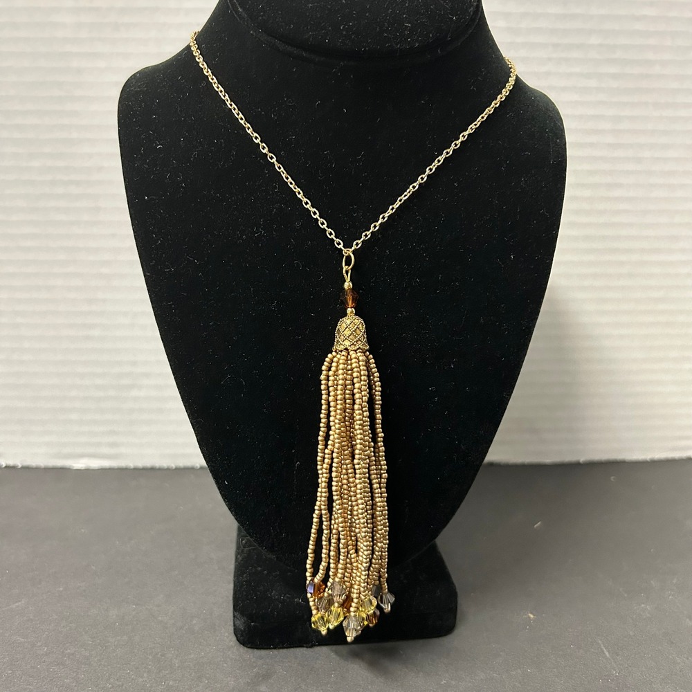 Handcrafted Tassel Necklace Gold Glass Seed Beads Crystal Bicone Boho Flapper